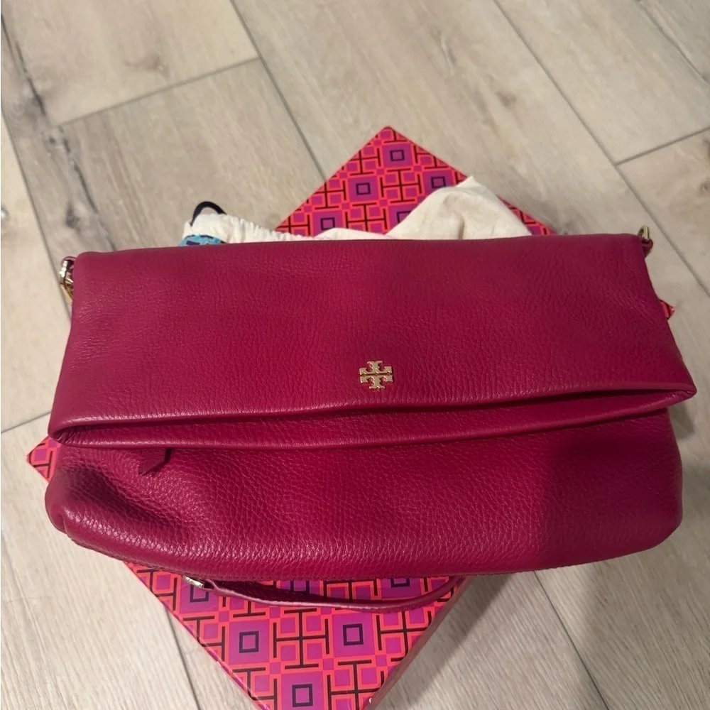 Tory Burch Foldover Crossbody Dark Pink/Red Leather  Bag EUC